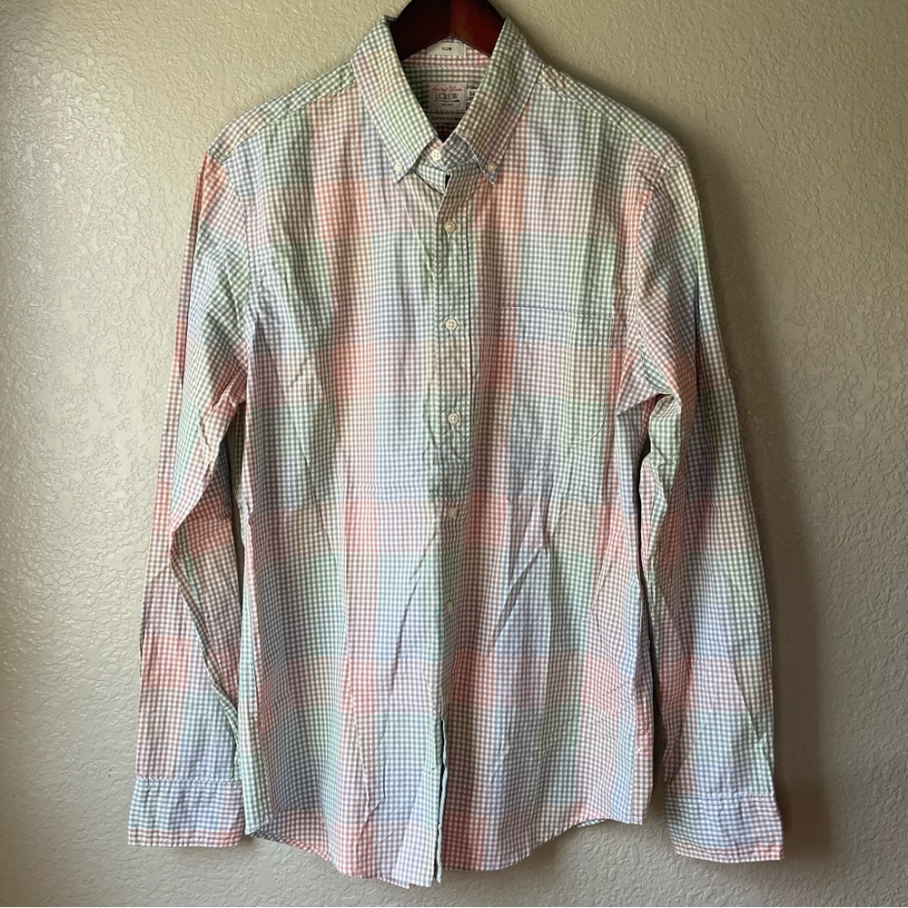 J Crew Secret Wash Mens Medium Slim Fit Pastel Plaid Button Down Shirt